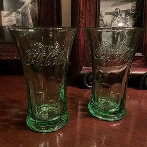Vintage Coca Cola green heavy flared drinking glasses Coke collectors 2 glasses